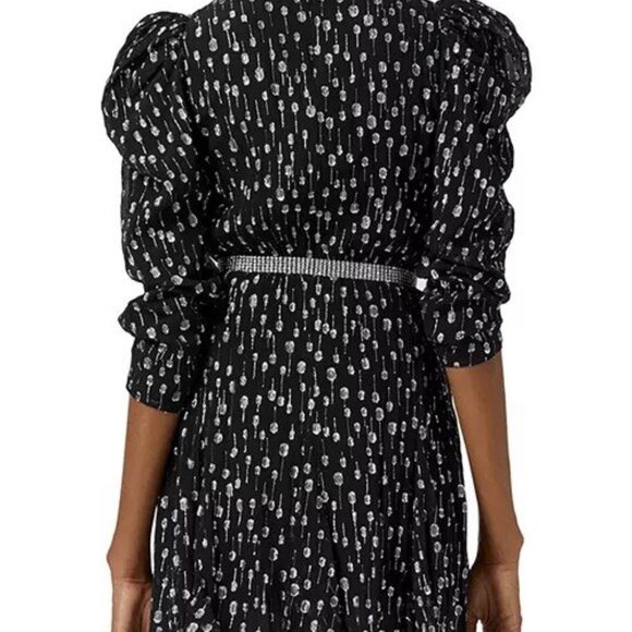 The Kooples Size Small Black Silver Metallic Polka Dot Mini Dress Puff Sleeve - Picture 3 of 10